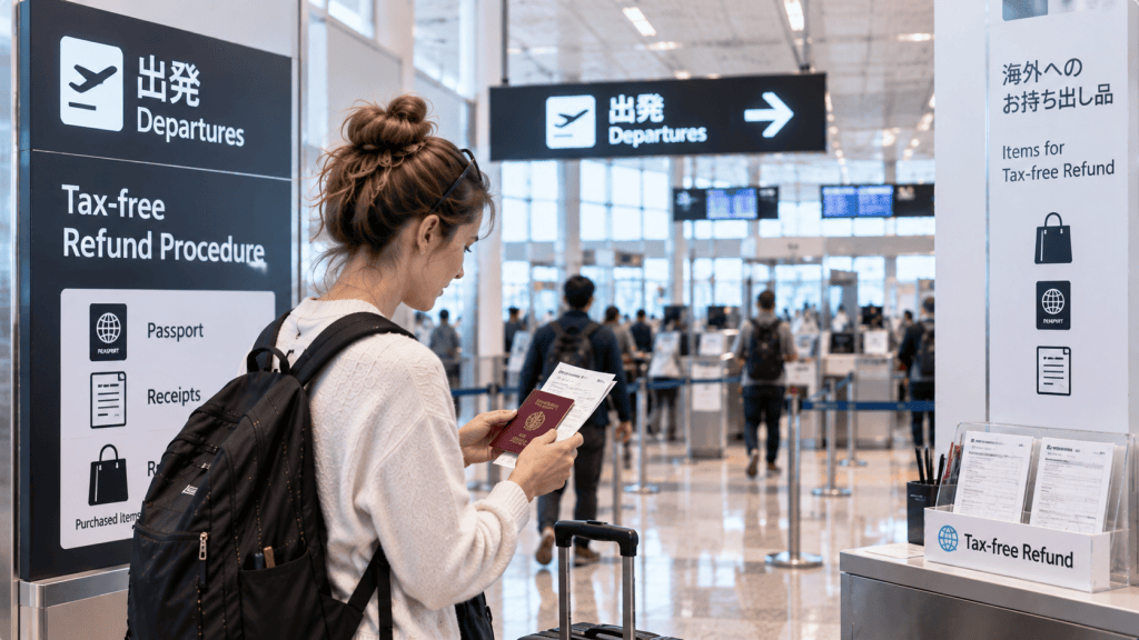 Traveler preparing for the tax-free refund procedure before leaving Japan