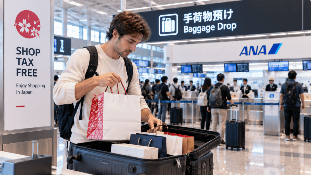 Traveler preparing tax-free purchases before checking baggage at an airport in Japan