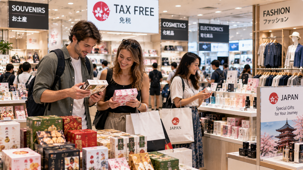 Travelers shopping for tax-free products during a trip to Japan