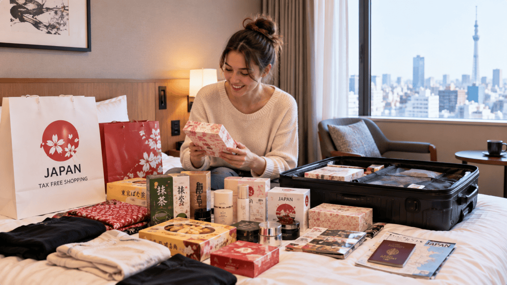 Traveler organizing tax-free purchases before leaving Japan