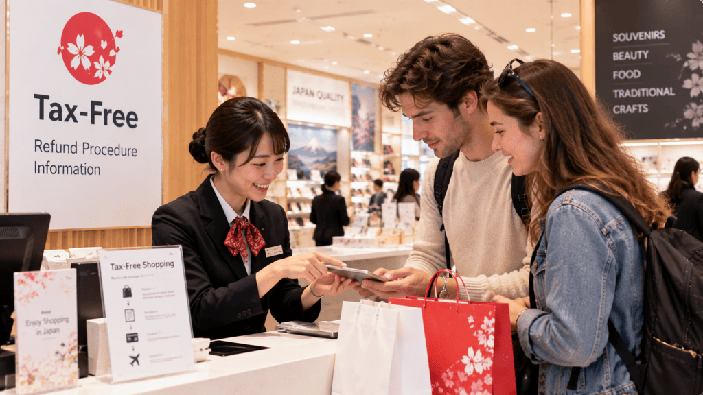 Traveler checking tax-free refund information at a store in Japan